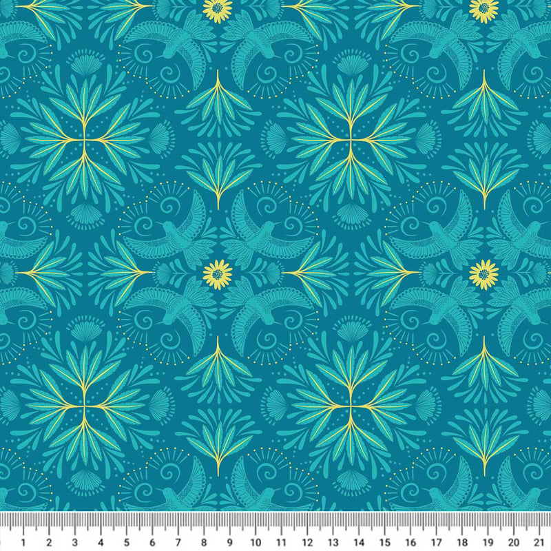 Turquoise bahian hummingbirds printed on a turquoise background with a cm ruler