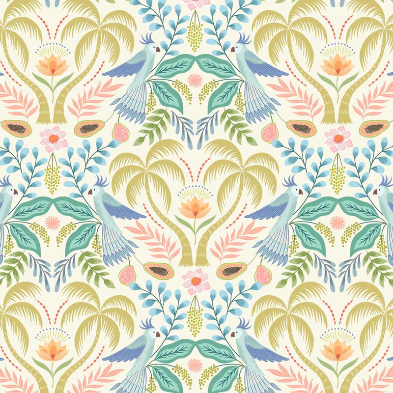 Tropical trees, birds and fruits of paradise are printed on cream quilting cotton.