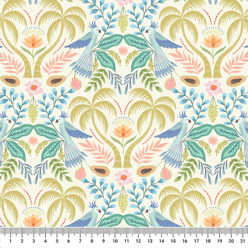 Tropical trees, birds and fruits of paradise are printed on cream quilting cotton.