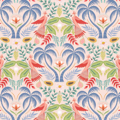 Tropical trees, birds and fruits of paradise are printed on peaceful pink quilting cotton.