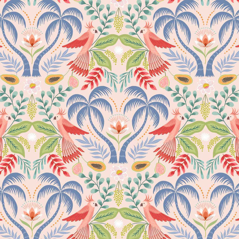 Tropical trees, birds and fruits of paradise are printed on peaceful pink quilting cotton.