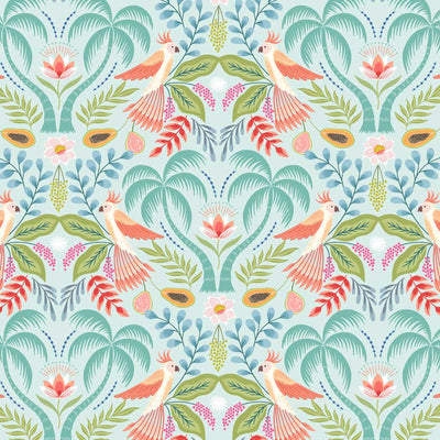 Tropical trees, birds and fruits of paradise are printed on peaceful pink quilting cotton.