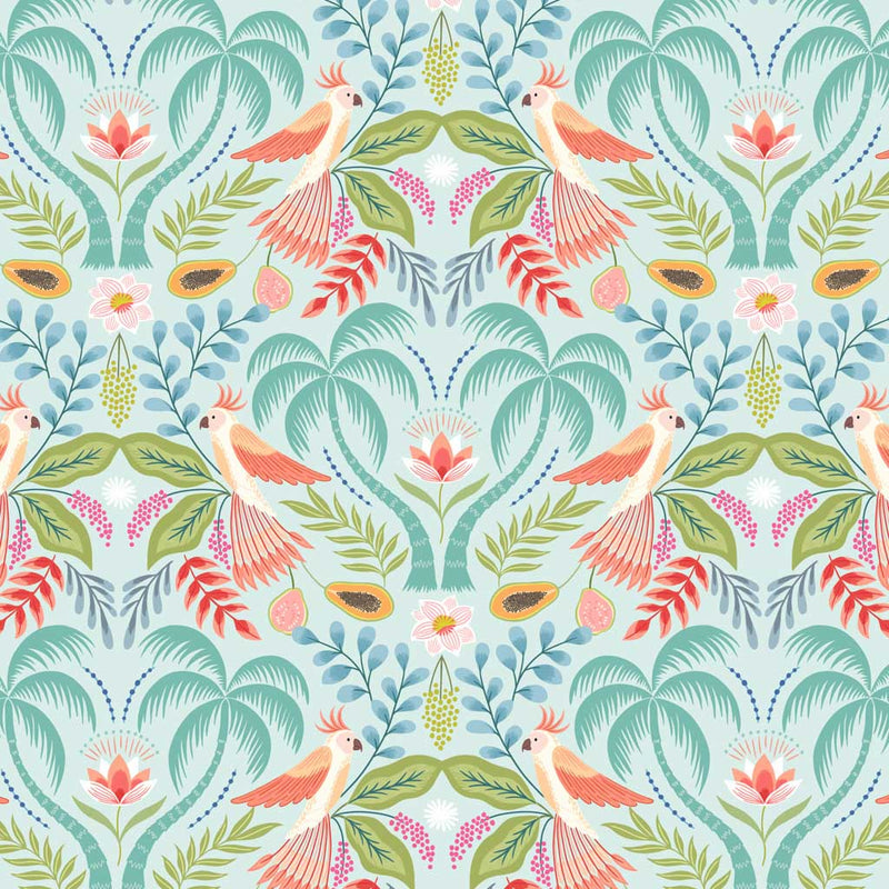 Tropical trees, birds and fruits of paradise are printed on peaceful pink quilting cotton.