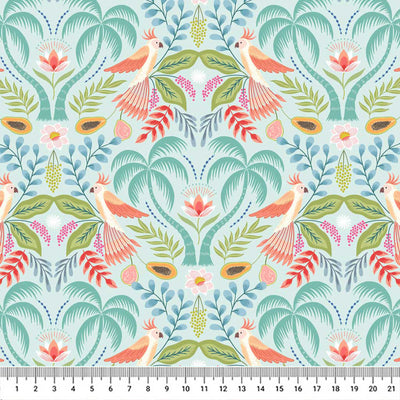 Tropical trees, birds and fruits of paradise are printed on peaceful pink quilting cotton.