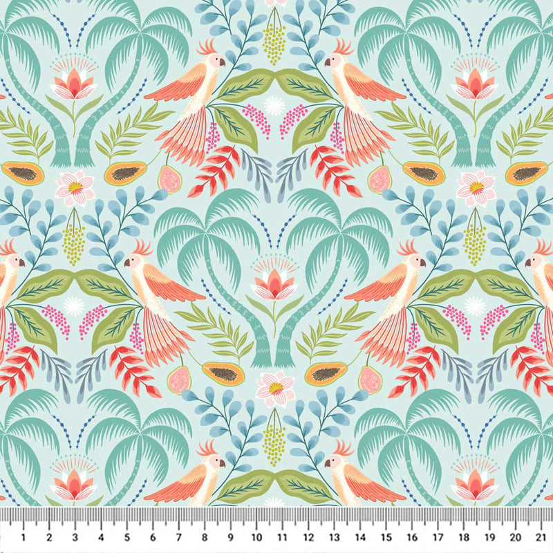 Tropical trees, birds and fruits of paradise are printed on peaceful pink quilting cotton.