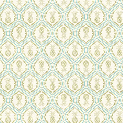 Gorgeous pineapples in mandala-like tear drops of pale blue are printed on a cream quilting cotton.