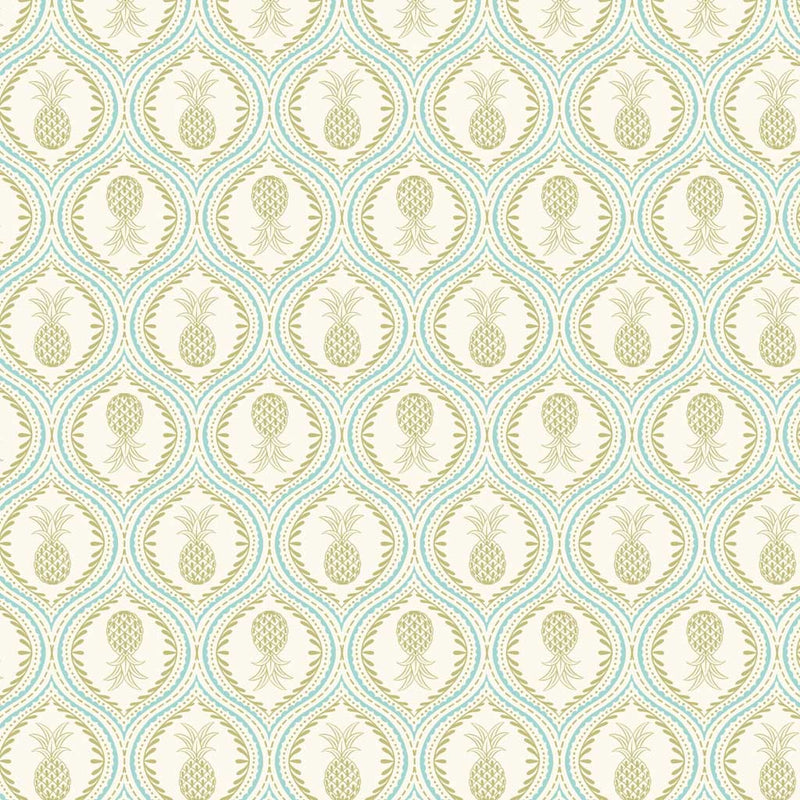 Gorgeous pineapples in mandala-like tear drops of pale blue are printed on a cream quilting cotton.