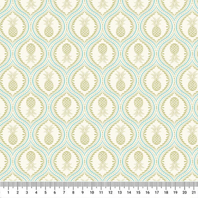 Gorgeous pineapples in mandala-like tear drops of pale blue are printed on a cream quilting cotton.