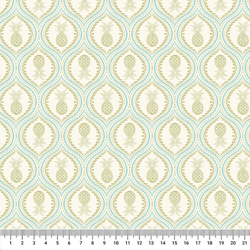 Gorgeous pineapples in mandala-like tear drops of pale blue are printed on a cream quilting cotton.