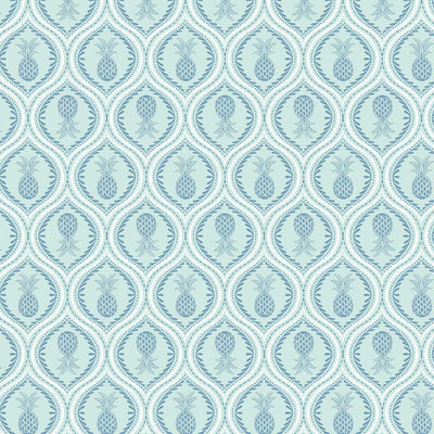 Gorgeous pineapples in mandala-like tear drops of navy are printed on a light lagoon blue quilting cotton.