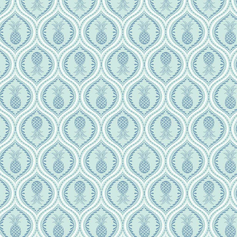 Gorgeous pineapples in mandala-like tear drops of navy are printed on a light lagoon blue quilting cotton.