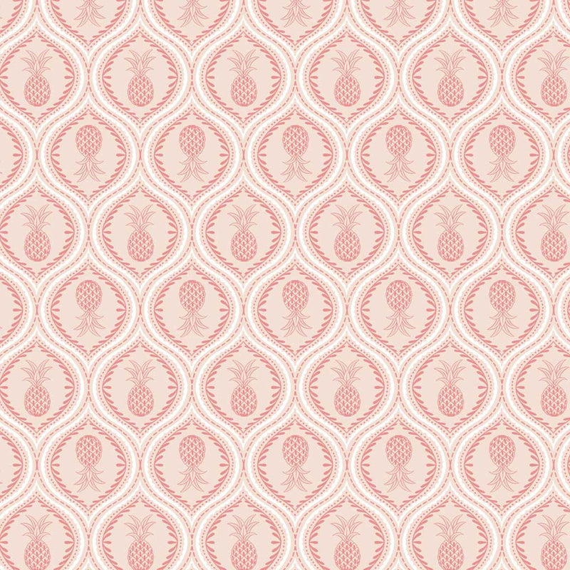Gorgeous pineapples in mandala-like tear drops of cerise are printed on a light lychee pink quilting cotton.