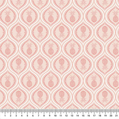 Gorgeous pineapples in mandala-like tear drops of cerise are printed on a light lychee pink quilting cotton.