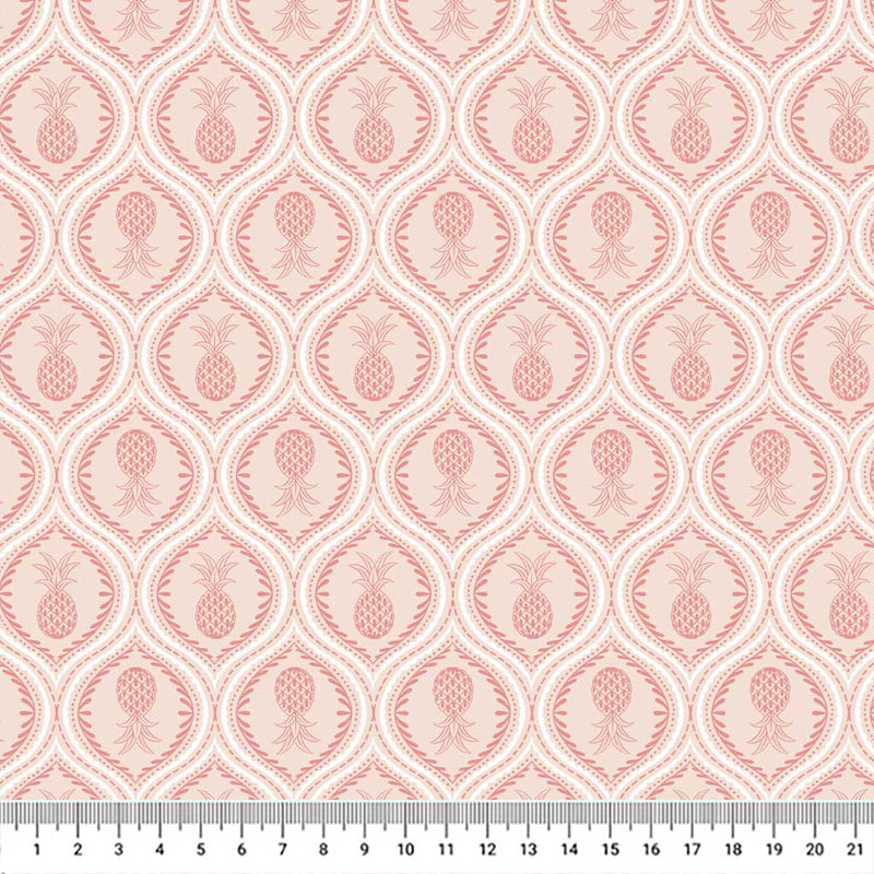 Gorgeous pineapples in mandala-like tear drops of cerise are printed on a light lychee pink quilting cotton.