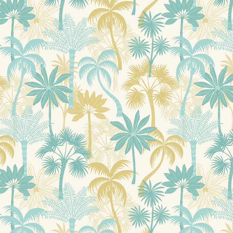 Beautiful summer palm trees in beachy shades of sand and sea printed on a cream quilting cotton.