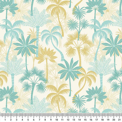 Beautiful summer palm trees in beachy shades of sand and sea printed on a cream quilting cotton.