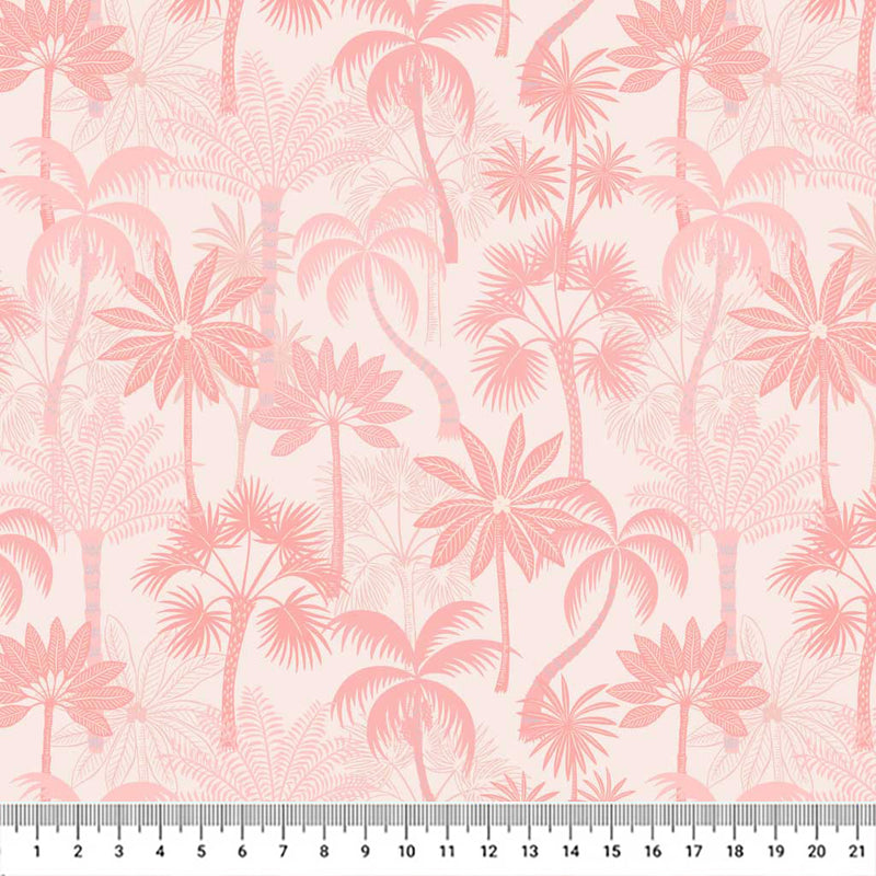 Beautiful summer palm trees in deep shades of cerise and candy printed on a baby pink quilting cotton.