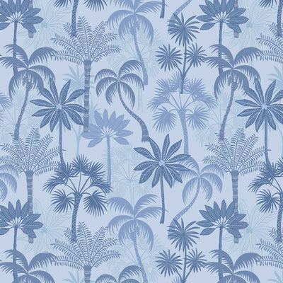 Beautiful summer palm trees in deep shades of navy and dusk printed on a sky blue quilting cotton.