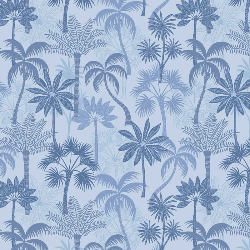 Beautiful summer palm trees in deep shades of navy and dusk printed on a sky blue quilting cotton.