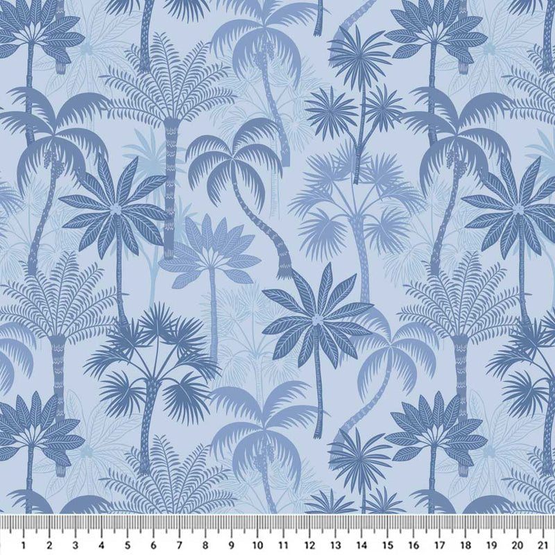 Beautiful summer palm trees in deep shades of navy and dusk printed on a sky blue quilting cotton.