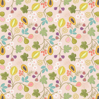 Bright branches of tropical papaya, figs, melon and pear surrounded by colourful flora printed on a light guava-pink quilting cotton.
