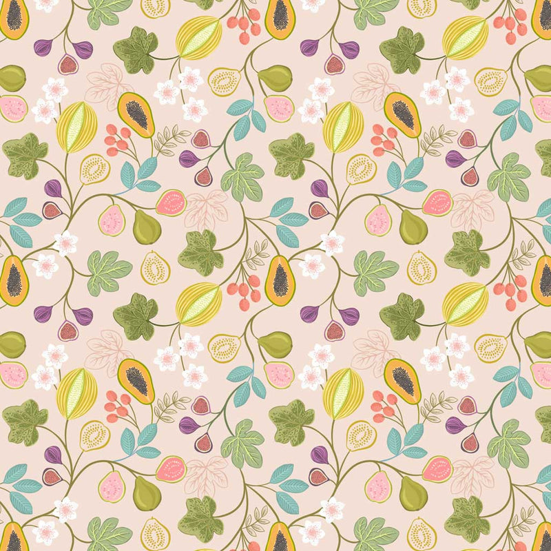 Bright branches of tropical papaya, figs, melon and pear surrounded by colourful flora printed on a light guava-pink quilting cotton.