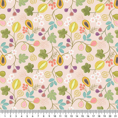 Bright branches of tropical papaya, figs, melon and pear surrounded by colourful flora printed on a light guava-pink quilting cotton.
