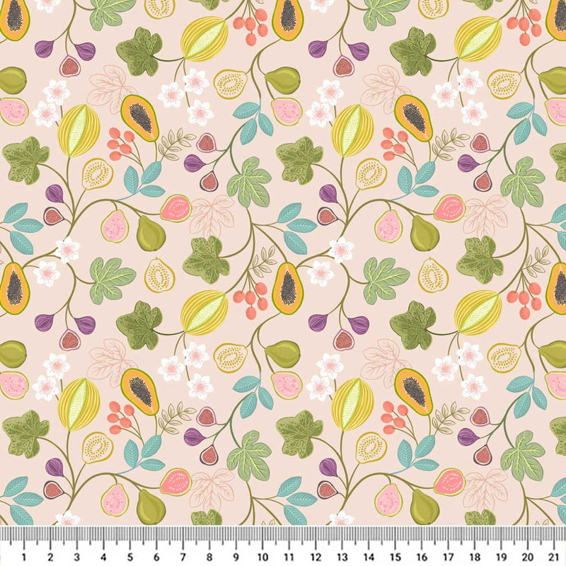 Bright branches of tropical papaya, figs, melon and pear surrounded by colourful flora printed on a light guava-pink quilting cotton.