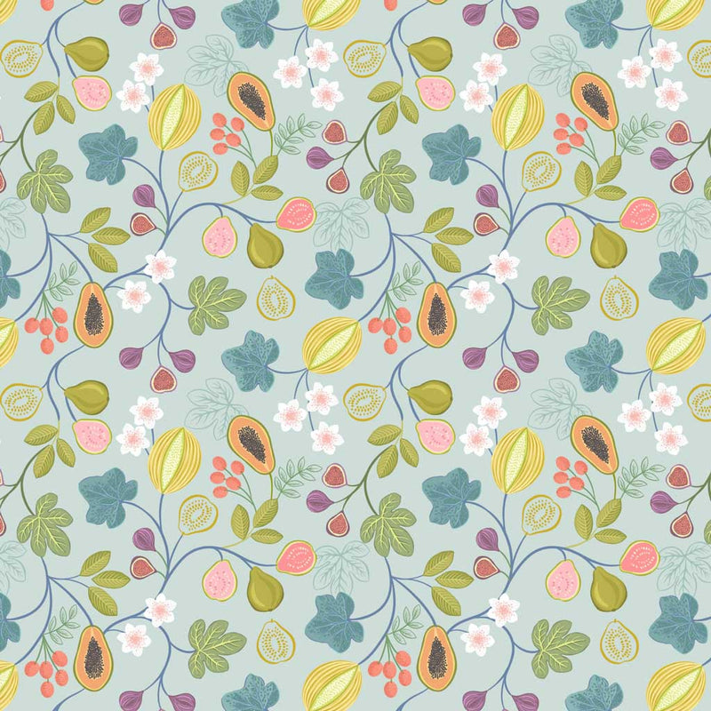 Bright branches of tropical papaya, figs, melon and pear surrounded by colourful flora printed on a blue sea breeze quilting cotton.