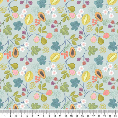 Bright branches of tropical papaya, figs, melon and pear surrounded by colourful flora printed on a blue sea breeze quilting cotton.