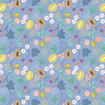 Bright branches of tropical papaya, figs, melon and pear surrounded by colourful flora printed on a deep Atlantic blue quilting cotton.