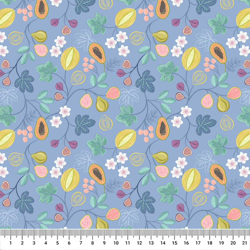 Bright branches of tropical papaya, figs, melon and pear surrounded by colourful flora printed on a deep Atlantic blue quilting cotton.