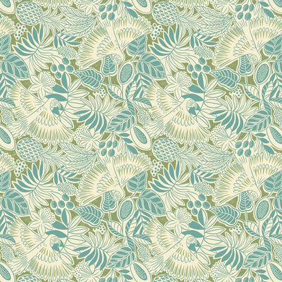 Bold white parrots swooping around dusk blue fan leaves and fruit printed on a deep island green quilting cotton.