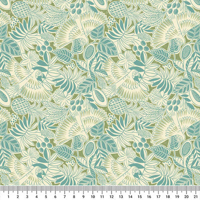 Bold white parrots swooping around dusk blue fan leaves and fruit printed on a deep island green quilting cotton with a cm ruler
