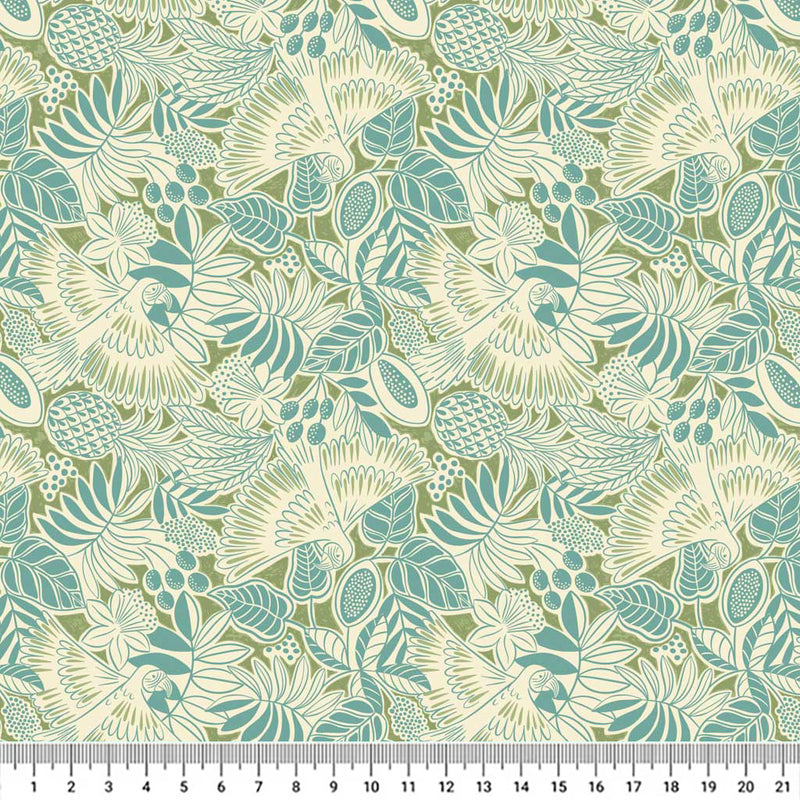 Bold white parrots swooping around dusk blue fan leaves and fruit printed on a deep island green quilting cotton with a cm ruler