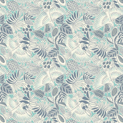 Bold white parrots swooping around navy blue fan leaves and fruit printed on a deep bright sea turquoise quilting cotton.