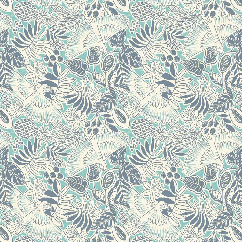 Bold white parrots swooping around navy blue fan leaves and fruit printed on a deep bright sea turquoise quilting cotton.