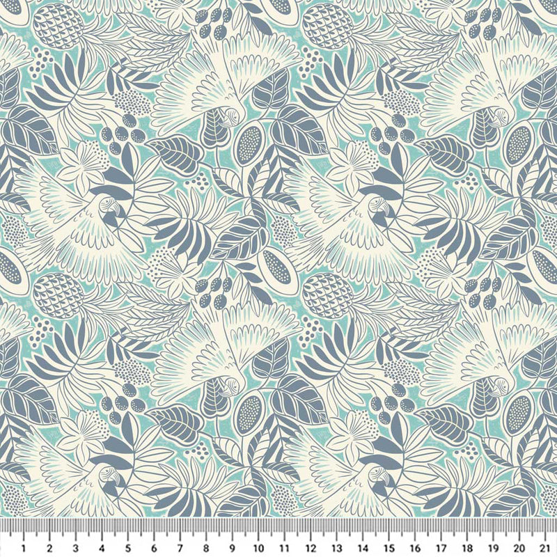 Bold white parrots swooping around navy blue fan leaves and fruit printed on a deep bright sea turquoise quilting cotton with a cm ruler