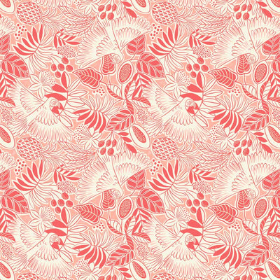 Bold white parrots swooping around coral red fan leaves and fruit printed on a light blush quilting cotton.