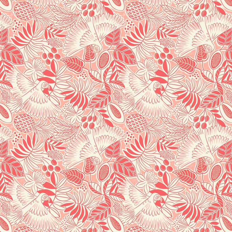 Bold white parrots swooping around coral red fan leaves and fruit printed on a light blush quilting cotton.