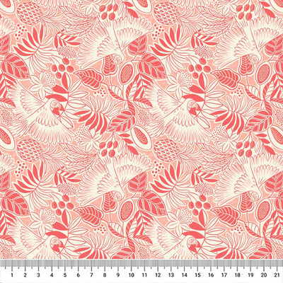 Bold white parrots swooping around coral red fan leaves and fruit printed on a light blush quilting cotton with a cm ruler
