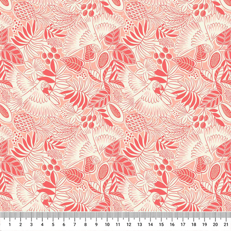 Bold white parrots swooping around coral red fan leaves and fruit printed on a light blush quilting cotton with a cm ruler