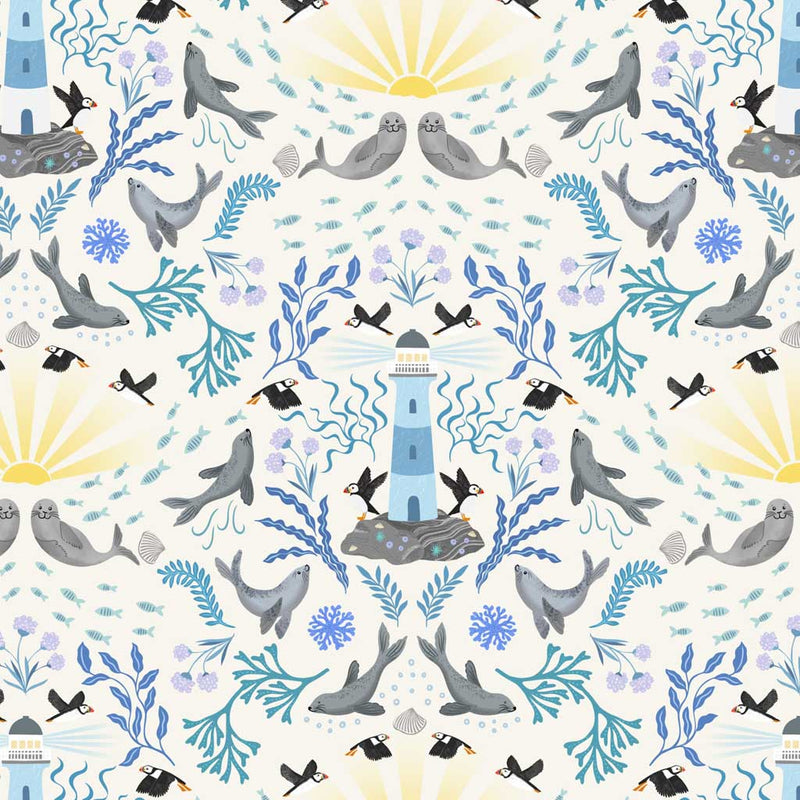 A lighthouse surrounded by puffins printed on an ivory cotton quilting fabric by Lewis & Irene