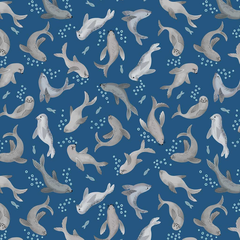Seals blowing bubble printed on a dark blue cotton quilting fabric by Lewis & Irene