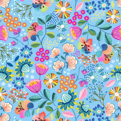 Bright flowers printed on a blue quilting cotton