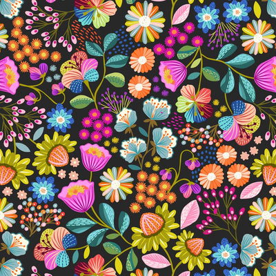 Bright flowers printed on a black quilting cotton