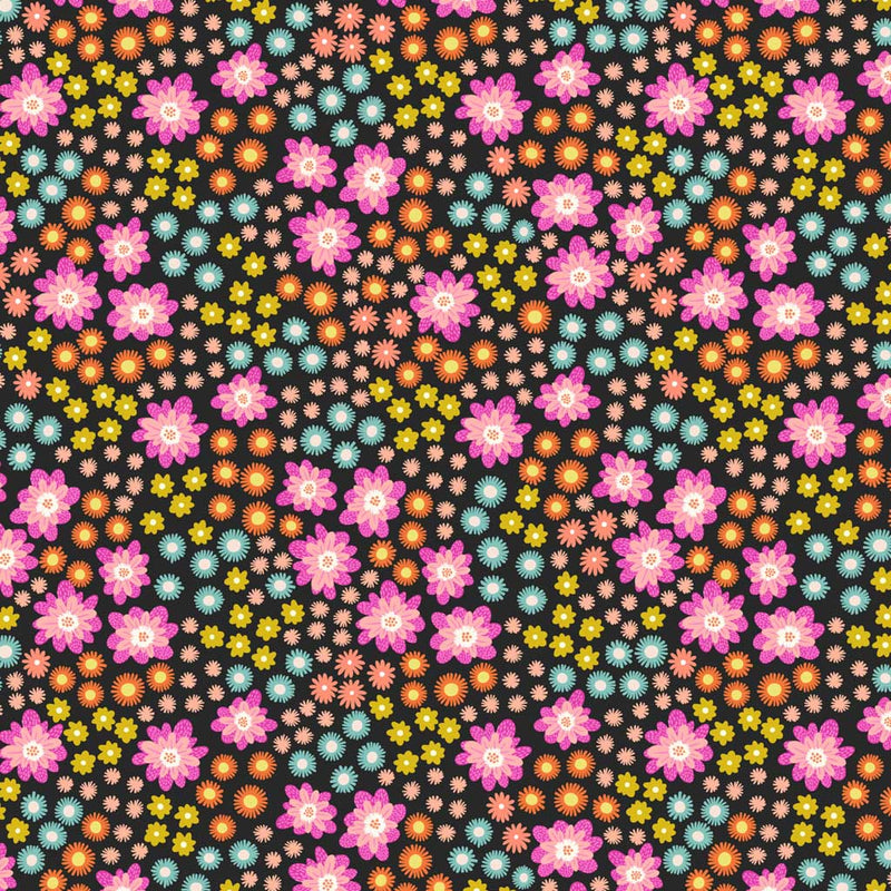 Flowers printed on a black quilting cotton