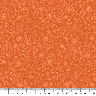 Wildflowers printed on an orange cotton quilting fabric with a cm ruler