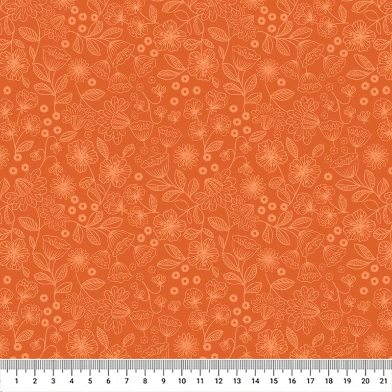 Wildflowers printed on an orange cotton quilting fabric with a cm ruler