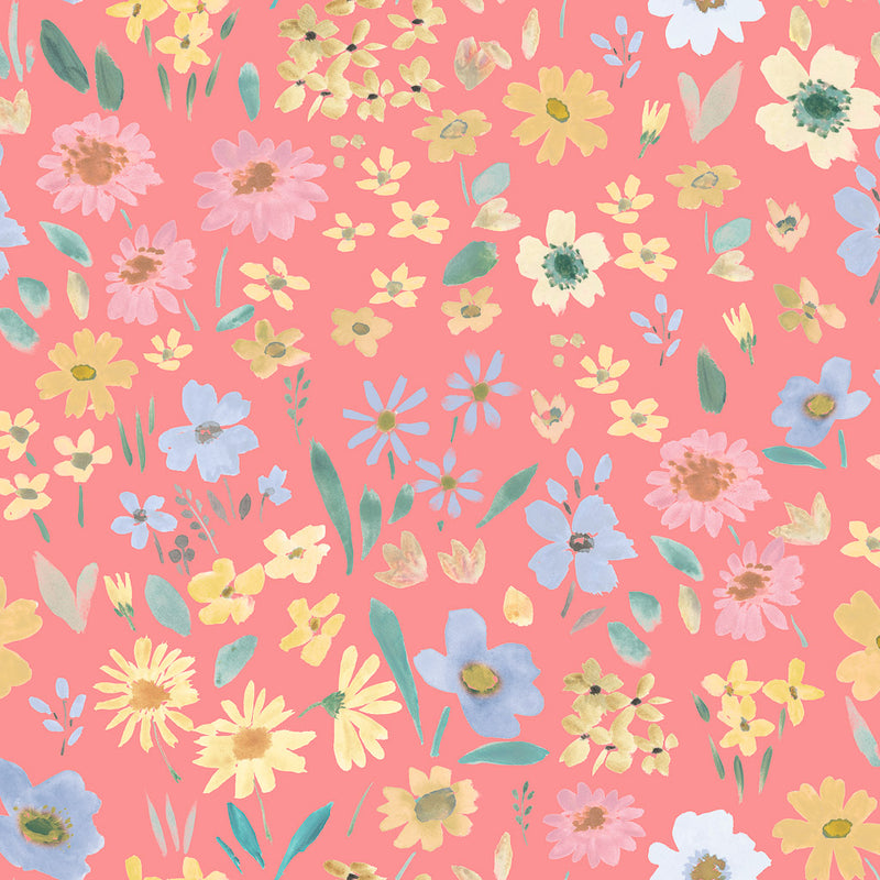 Hand-printed wild summer flowers printed on a coral quilting fabric